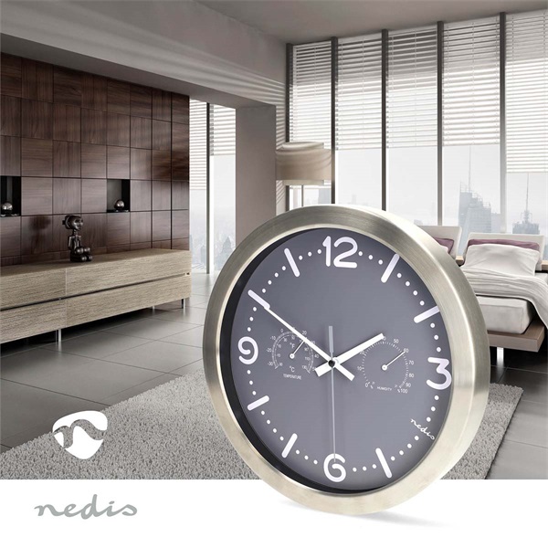 Nedis CLWA5226SS 30 cm átmérő  rozsdamentes acél Csendes szerkezet  hőmérő páratartamom mérő falióra