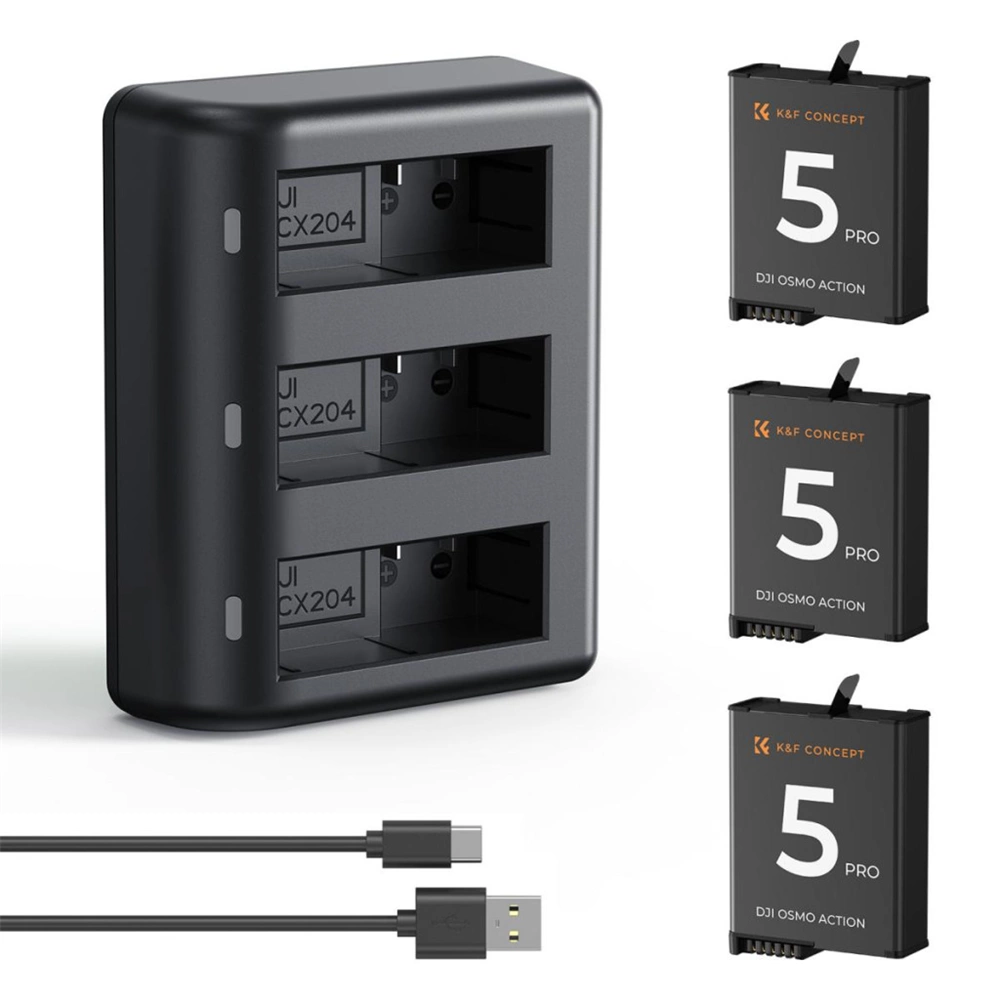 K&F Concept hordozható tripla USB-C akkumulátor töltő +3db DJI Osmo Action 5 Pro akkumulátor 2100mAh