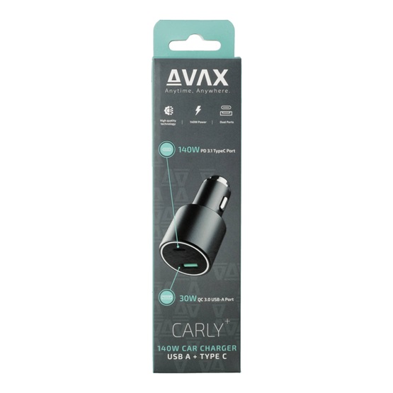  AVAX CC680B CARLY+ USB A + Type C 140W autós töltő Fekete