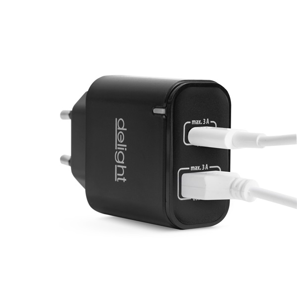 Delight Telefon töltő 1db Type-C + 1db USB PD20W gyorstöltéssel Fekete Delight Telefon töltő 1db Type-C + 1db USB PD20W gyorstöltéssel Fekete