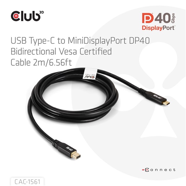 Club3D Kábel -  (USB-C to Mini DisplayPort 2.1, DP40 Bidirectional, 2m, 8K30Hz) (CAC-1561)
