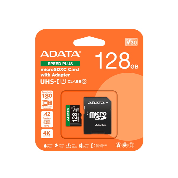 ADATA Memóriakártya MicroSDXC 128GB + Adapter SPEED PLUS UHS-I U3 (180/160)