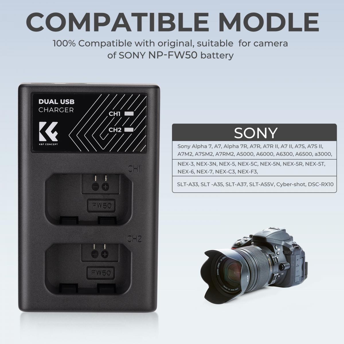 K&F Concept hordozható dupla BC-TRW akkumulátor töltő, USB-C, 2db FW50 akkumulátorhoz K&F Concept hordozható dupla BC-TRW akkumulátor töltő, USB-C, 2db FW50 akkumulátorhoz