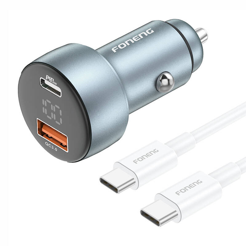 Foneng C18 1xUSB-A, 1xUSB-C 2.4A 48W car charger (grey) + USB-C to USB-C kábel