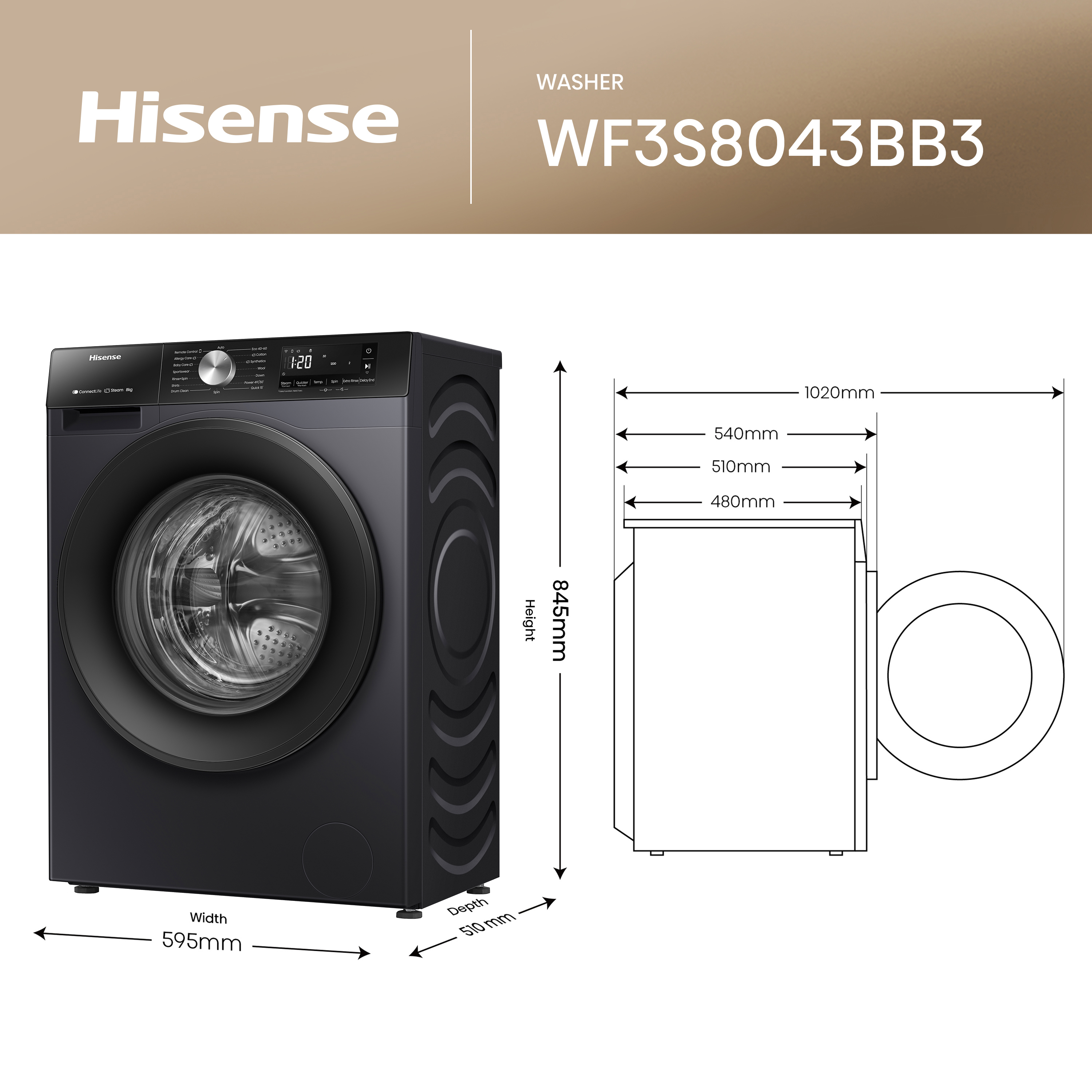 Hisense WF3S8043BB3 Elöltöltős mosógép - 8 Kg, 1400 Fordulat/perc, A Energiaosztály