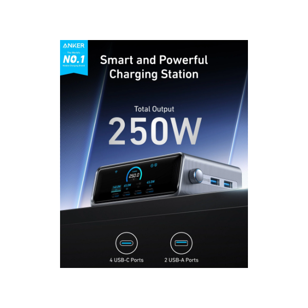 ANKER  A2345341 Prime Charger GaNPrime 6 portos  250W 4xUSB-C  2xUSB-A Hálózati Töltő Fekete  