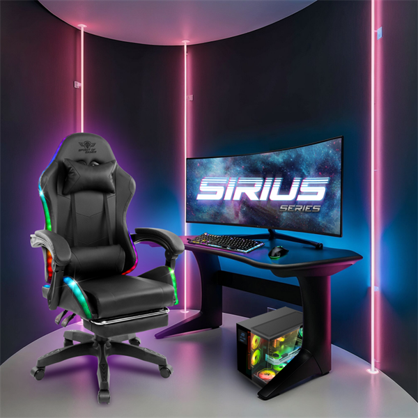 Spirit of Gamer SIRIUS RGB állítható dőlés/magasság kihajtható lábtartó max.120kg-ig Gamer  szék    Fekete