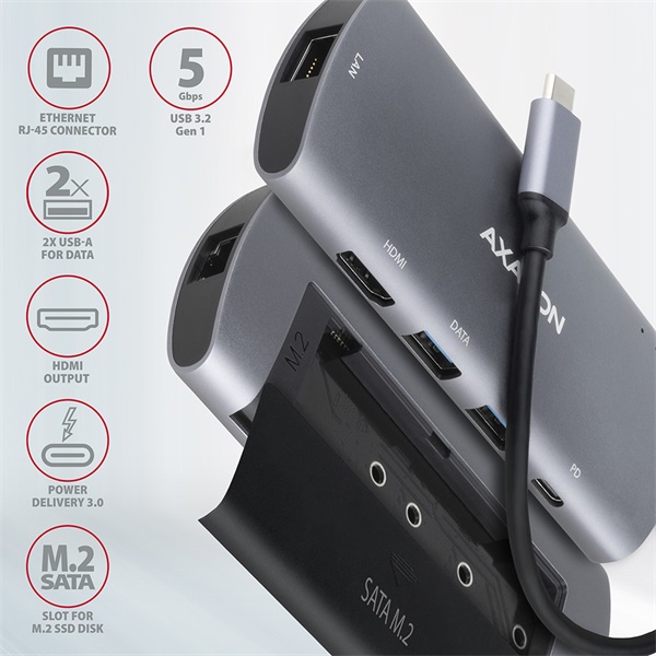 Axagon HMC-6M2 SuperSpeed USB-C combo 6in1 hub ezüst-fekete Axagon HMC-6M2 SuperSpeed USB-C combo 6in1 hub ezüst-fekete