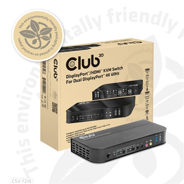Club 3D   CSV-7210 Dual DisplayPort  4K60Hz  HDMI KVM  IR távirányító KVM Switch 