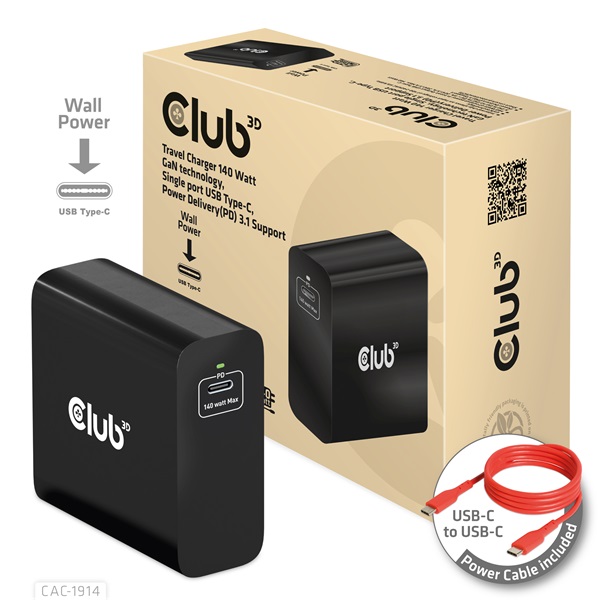 Club 3D   CAC-1914EU 140W GaN USB-C  PD 3.1 Hálózati Töltő