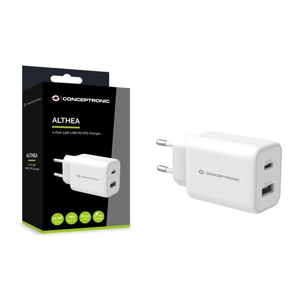 Conceptronic   ALTHEA11W  USB-C+USB-A 33W telefon töltő adapter Fehér 