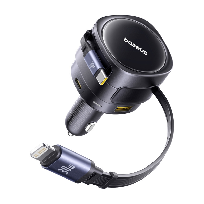 Baseus Enjoyment Max autós töltő USB-C + villámkábellel és USB-A + USB-C portokkal 90W Fekete