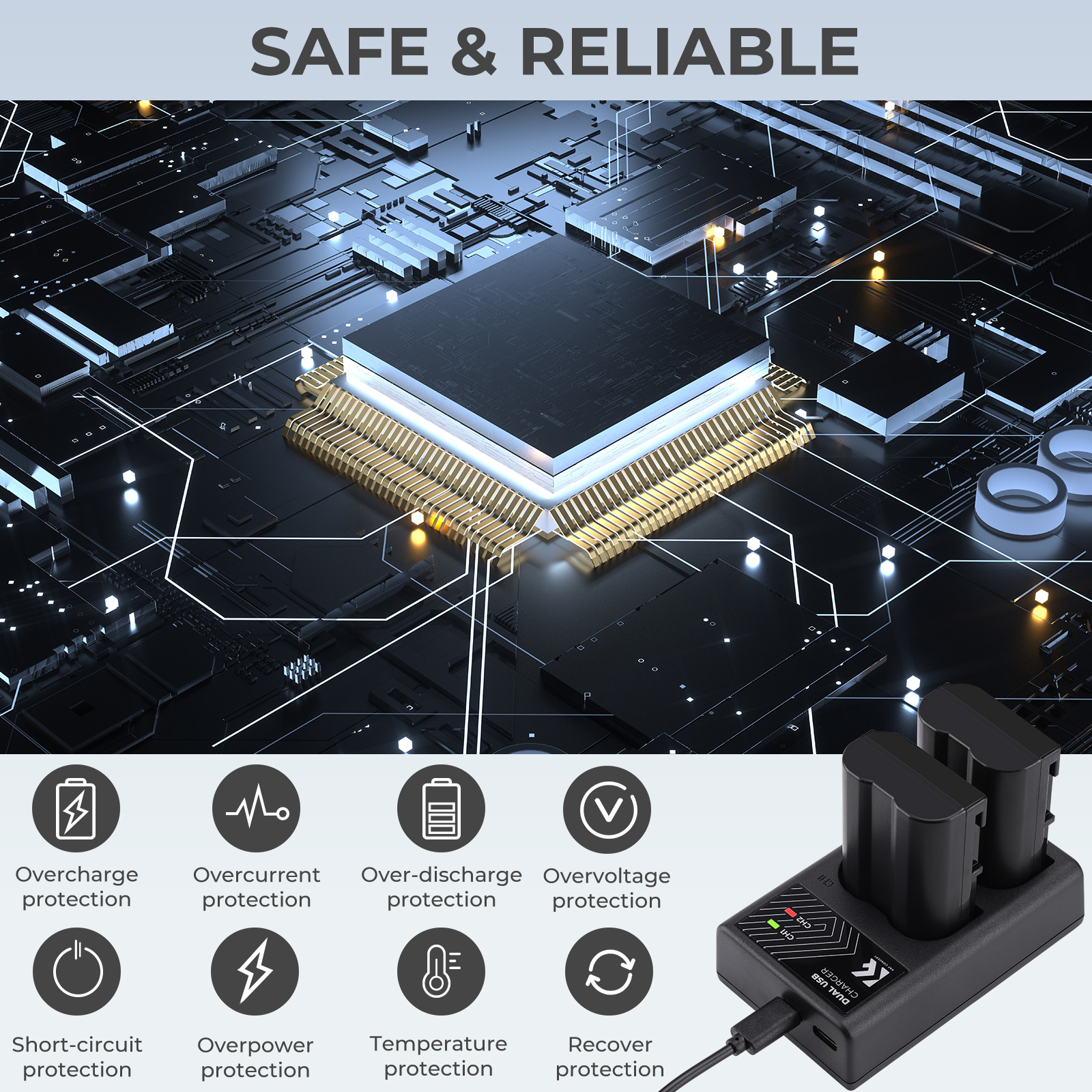 K&F Concept hordozható dupla MH-25 akkumulátor töltő, USB-C, 2db EN-EL15 akkumulátorhoz