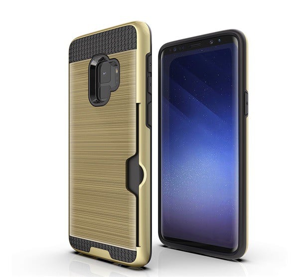 Műanyag telefonvédő (szilikon belső, közepesen ütésálló, bankkártya tartó, szálcsiszolt minta) ARANY [Samsung Galaxy S9 (SM-G960)]