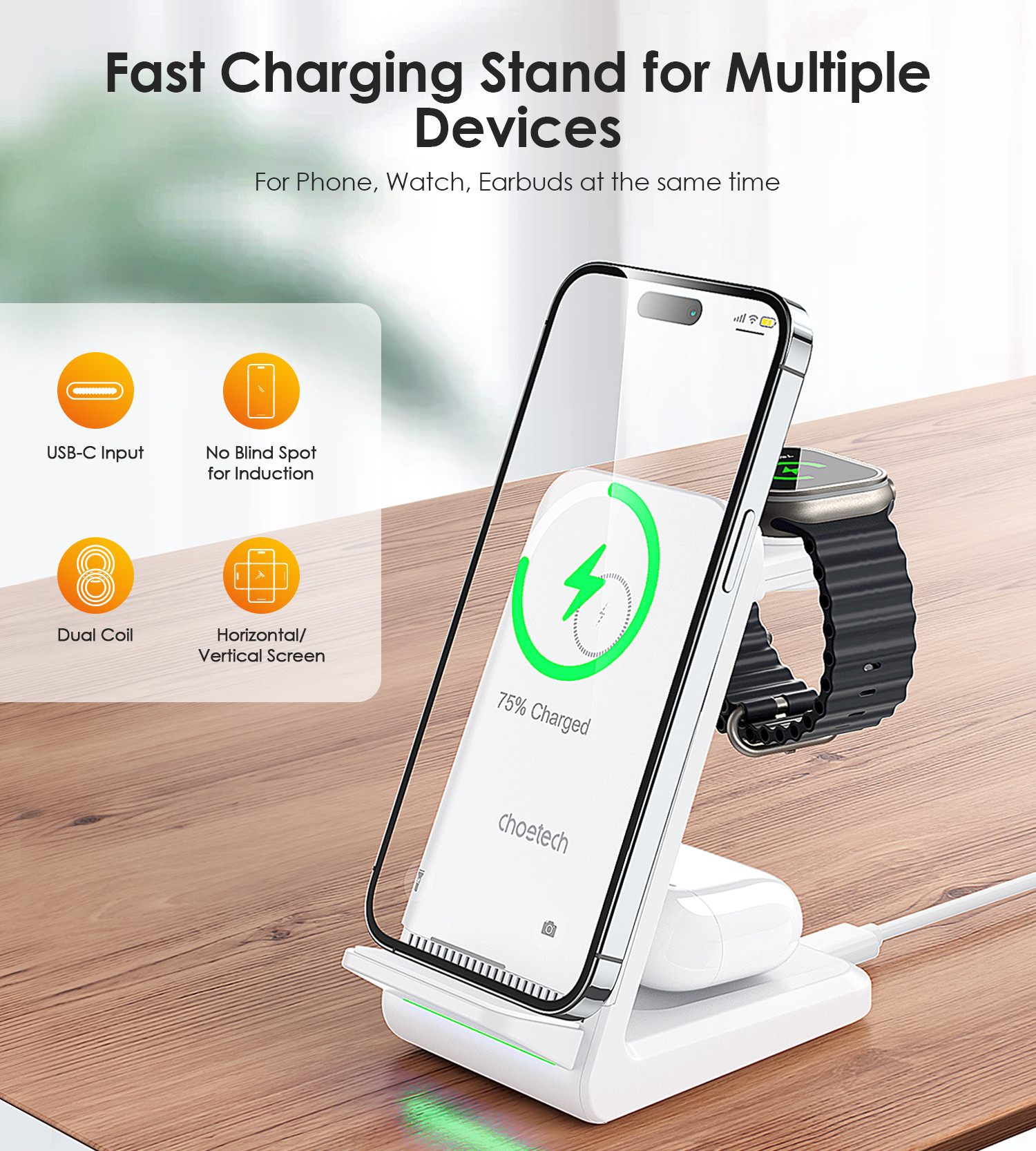 Choetech 3-1ben Mágneses Wireless töltő fehér  