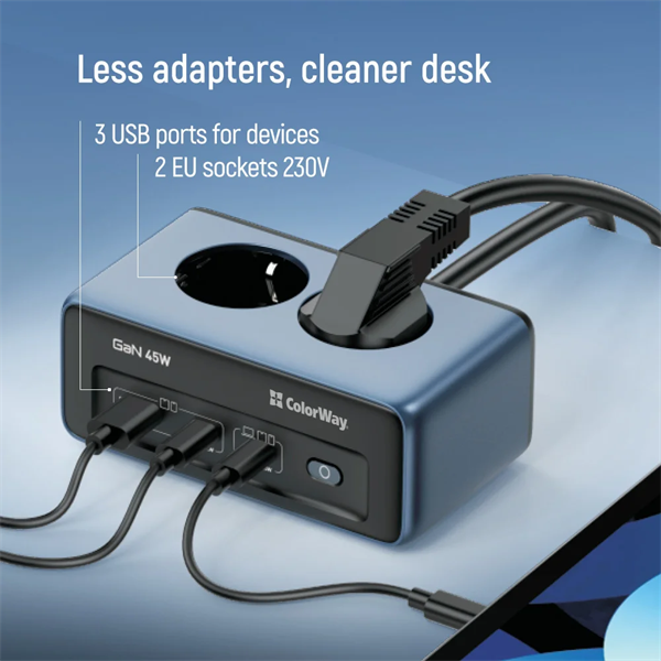 COLORWAY Hálózati és USB elosztó, 2 dugalj, 2x220V/1xUSB-A/2xUSB-C (GaN45W)