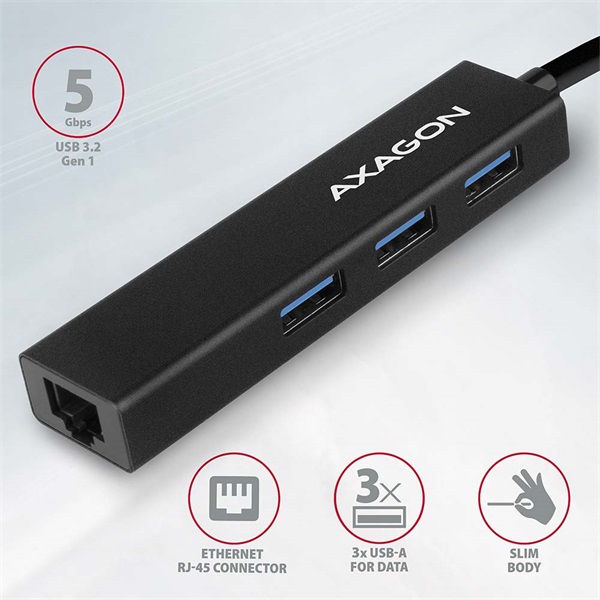Axagon HMA-GL3A 3 portos USB3.2. Gen 2 fekete HUB Gigabit LAN porttal Axagon HMA-GL3A 3 portos USB3.2. Gen 2 fekete HUB Gigabit LAN porttal