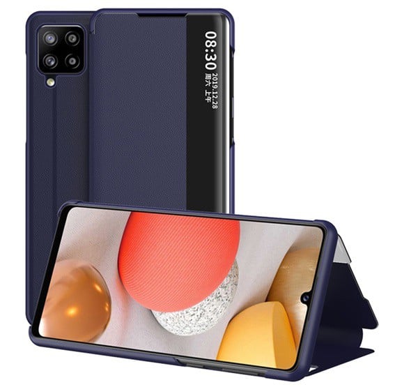 Tok álló, bőr hatású (aktív FLIP, oldalra nyíló, asztali tartó funkció, hívószámkijelzés, View Window) SÖTÉTKÉK [Samsung Galaxy A42 ...
