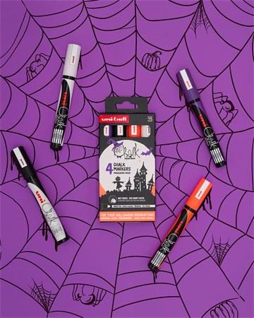 Uni Chalk NI PWE-5M Halloween 4db-os folyékony krétafilc készlet (fehér, fekete, fl narancs, lila)