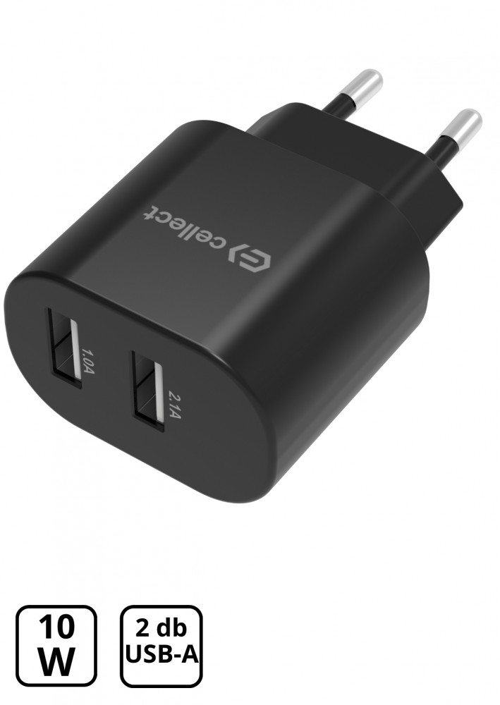 Hálózati  2 USB csatlakozóval 10W töltő adapter Fekete