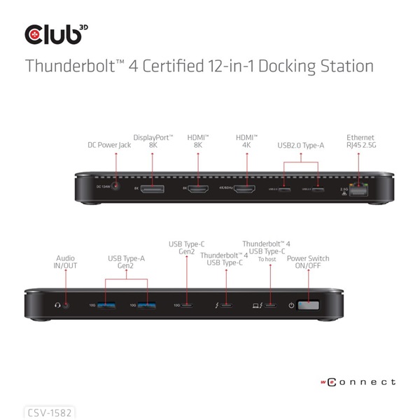 Club 3D CSV-1582 140W Thunderbolt 4  DP, 2xHDMI, USB-C, 4xUSB-A, SD, TF, RJ45, 3,5 Jack, DC Notebook Dokkoló