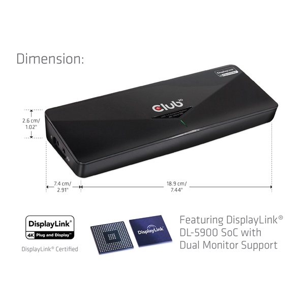 Club 3D  CSV-3103D DUAL DISPLAY/4K 3.2 USB-A to HDMI  DP  DVI-D  3xUSB-A  RJ45  3.5 Jack Audio +Mic Notebook Dokkoló
