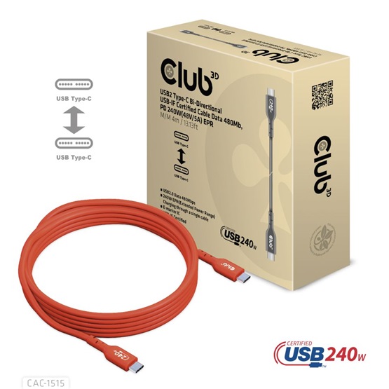 Club3D USB2 Type-C Bi-Directional USB-IF Certified Data 480Mb PD 240W(48V/5A) EPR 4m kábel Club3D USB2 Type-C Bi-Directional USB-IF Certified Data 480Mb PD 240W(48V/5A) EPR 4m kábel