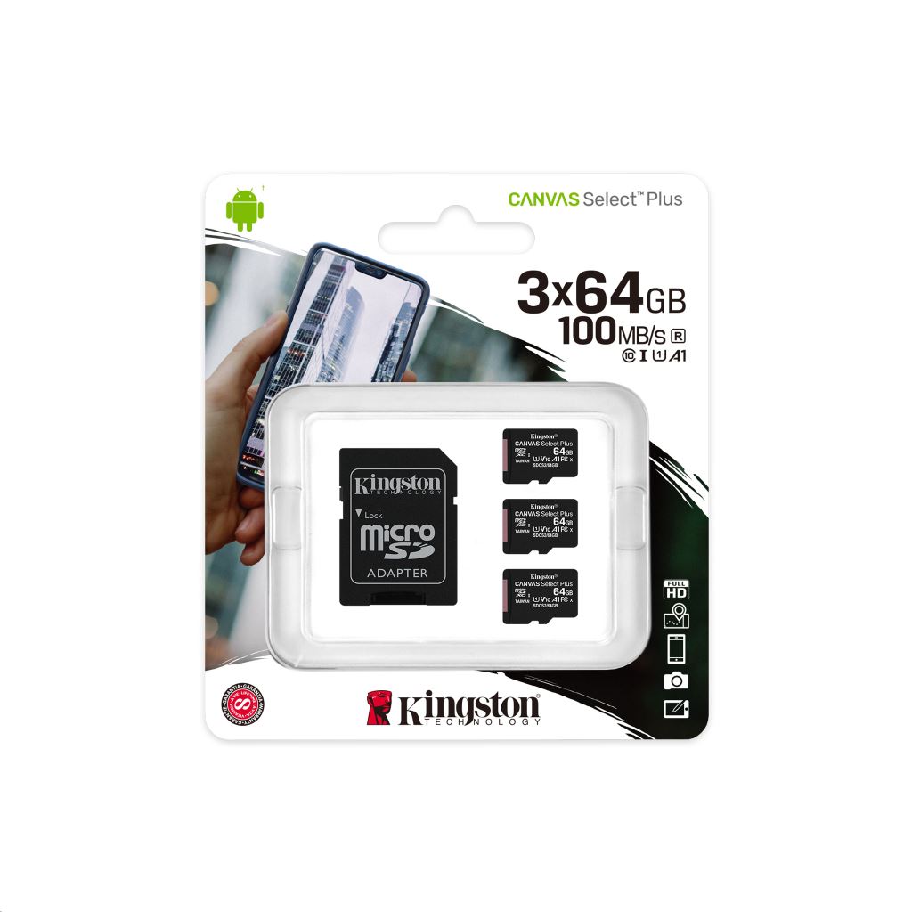 64GB microSDXC Kingston Canvas Select Plus CL10 memóriakártya 3db/cs + adapter (SDCS2/64GB-3P1A)