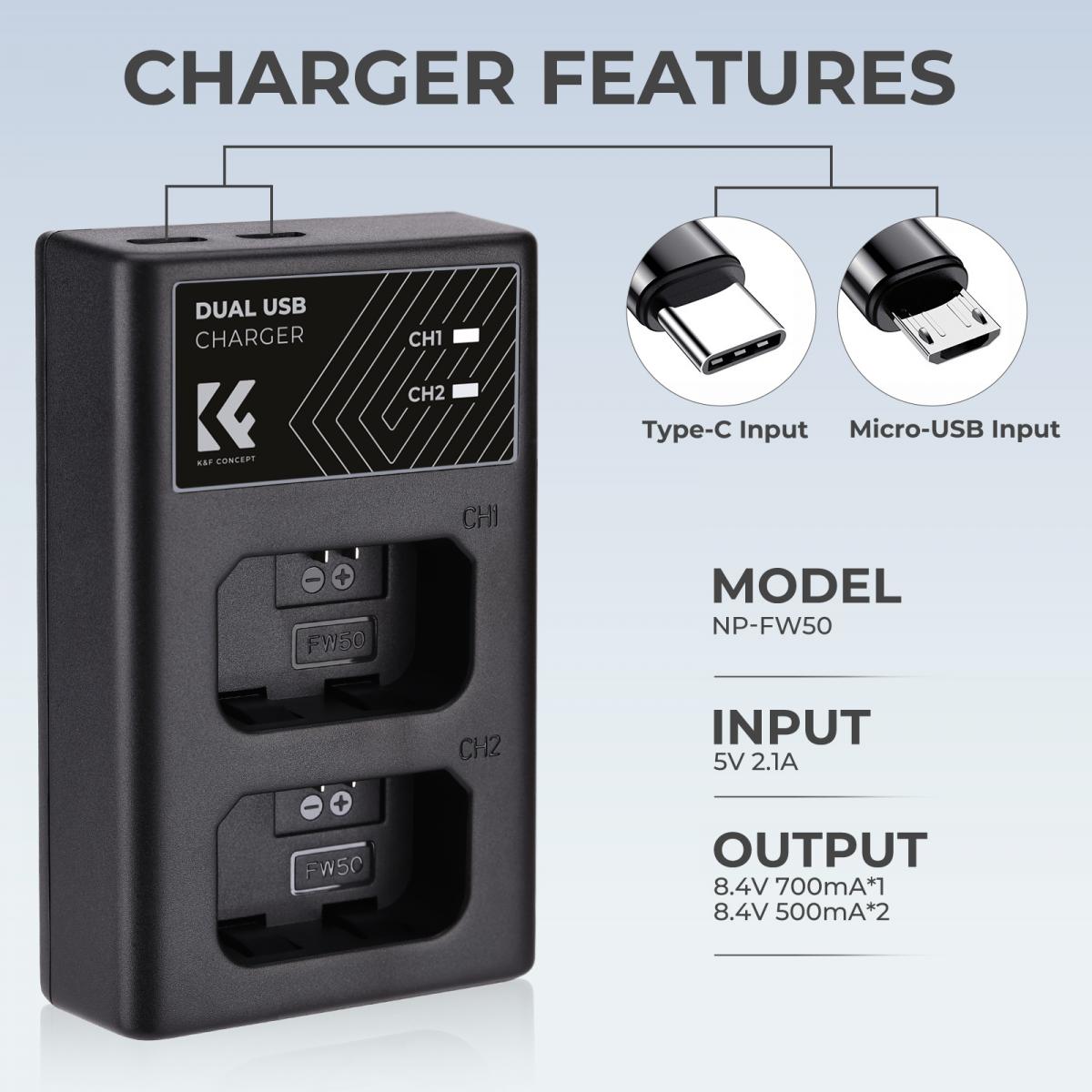 K&F Concept hordozható dupla BC-TRW akkumulátor töltő, USB-C, 2db FW50 akkumulátorhoz