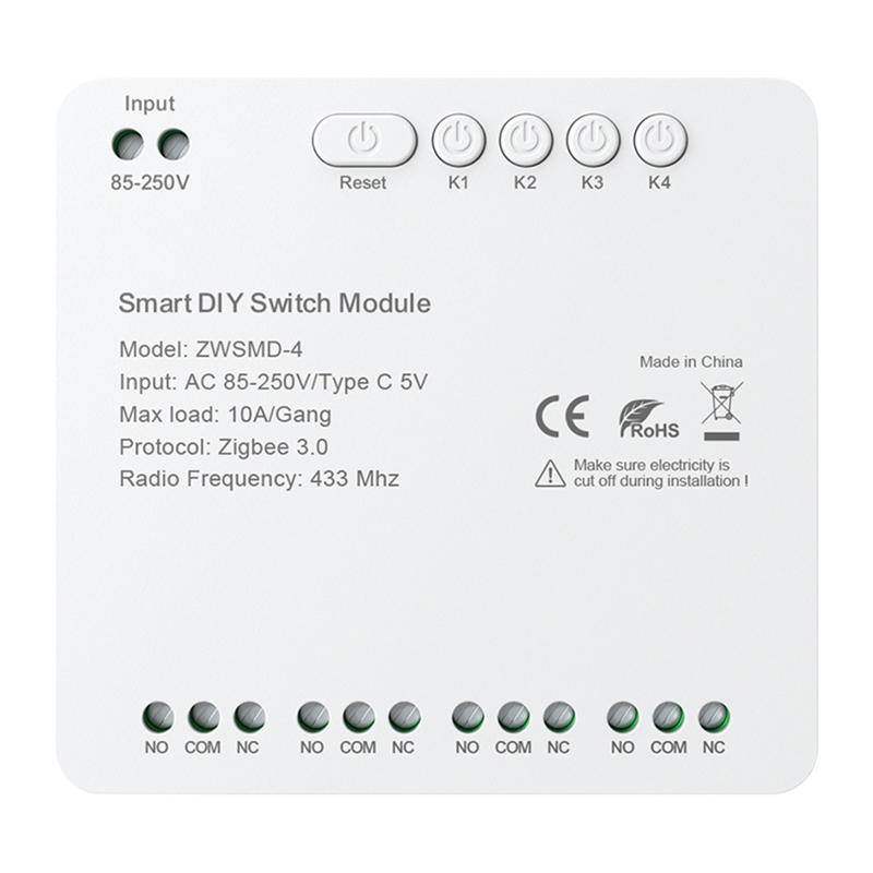 Avatto ZWSMMD-4-250V ZigBee 4 csatornás kapcsolómodul feszültségmentes DC 32V-os érintkezővel