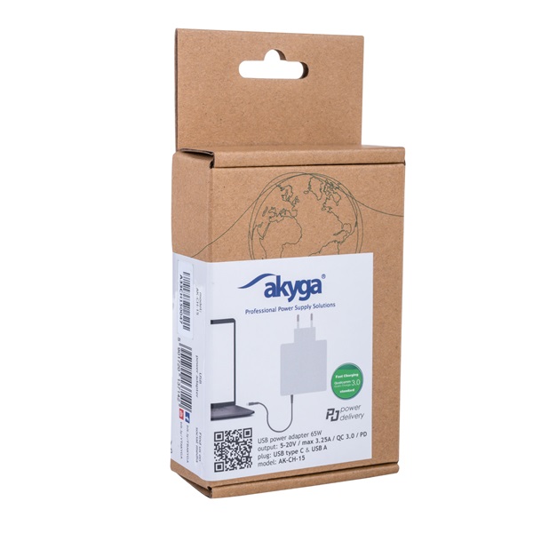 Akyga USB-A+USB-C PD 5 3.25A 65W Quick Charge 3.0 hálózati töltő (AK-CH-15)