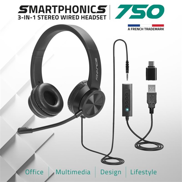 Advance SMARTPHONICS 750 3,5mm Jack/USB  1,9m kábel fekete Fejhallgató   