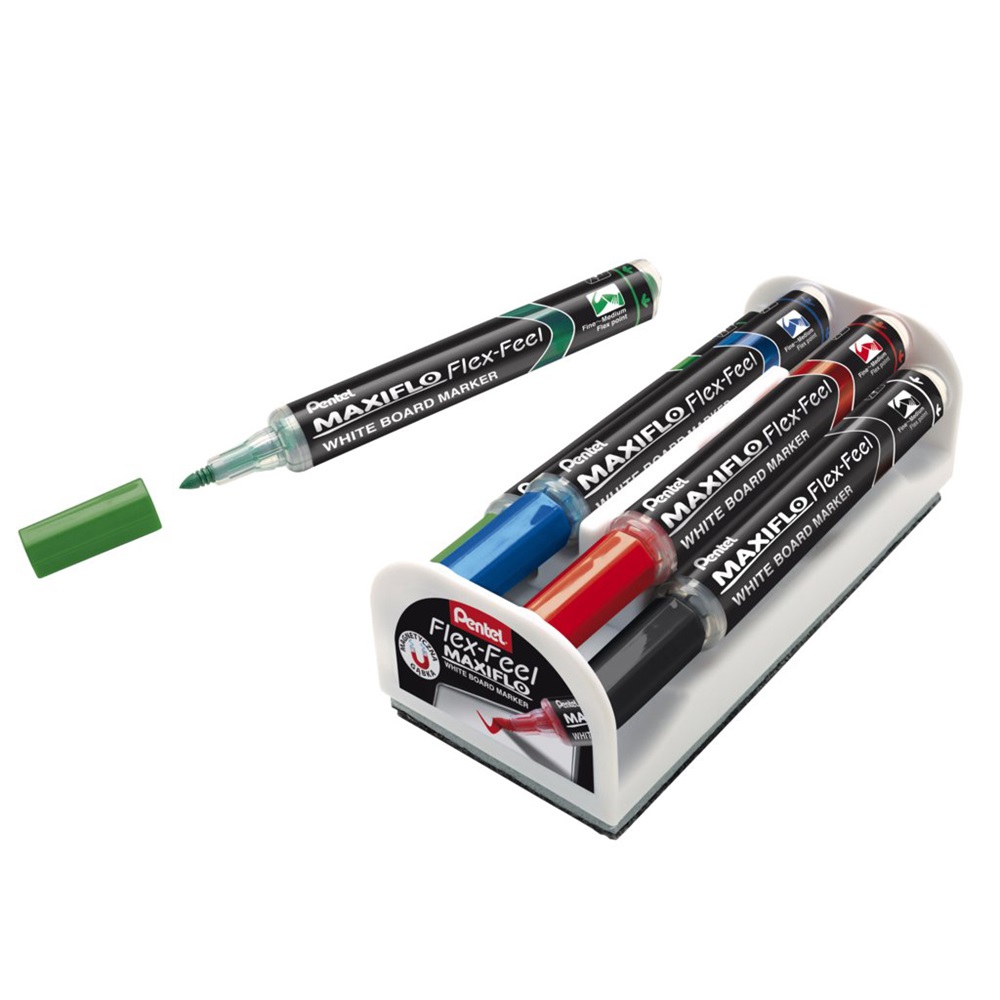 Pentel Táblamarker+törlő készlet 1-5mm, hajlékony hegyű,  Maxiflo Flex Feel, 4 különböző szín (MWL5SBF-4N)