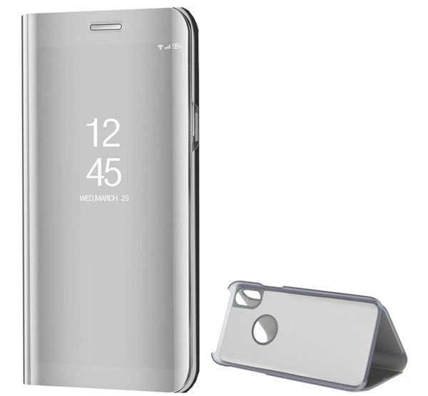 Tok álló (FLIP, oldalra nyíló, asztali tartó funkció, tükrös felület, Mirror View Case, logo kivágás) EZÜST [Apple iPhone XS 5.8]