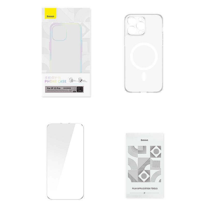 Phone case Baseus Magnetic Crystal Clear for iPhone 13 Pro (transparent) with all-tempered-glass screen protector and cleaning kit Phone case Baseus Magnetic Crystal Clear for iPhone 13 Pro (transparent) with all-tempered-glass screen protector and cleaning kit