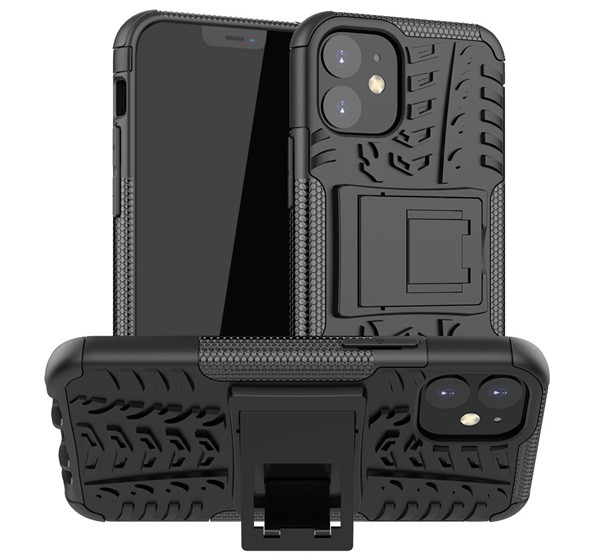 Defender műanyag telefonvédő (közepesen ütésálló, szilikon belső, kitámasztó, autógumi minta) FEKETE [Apple iPhone 12 mini]