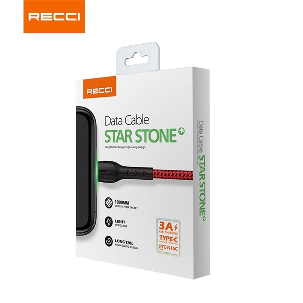 Recci RTC-N16CR 3A gyorstöltő 1m Type C - USB textil borítású piros adat- és töltőkábel Recci RTC-N16CR 3A gyorstöltő 1m Type C - USB textil borítású piros adat- és töltőkábel