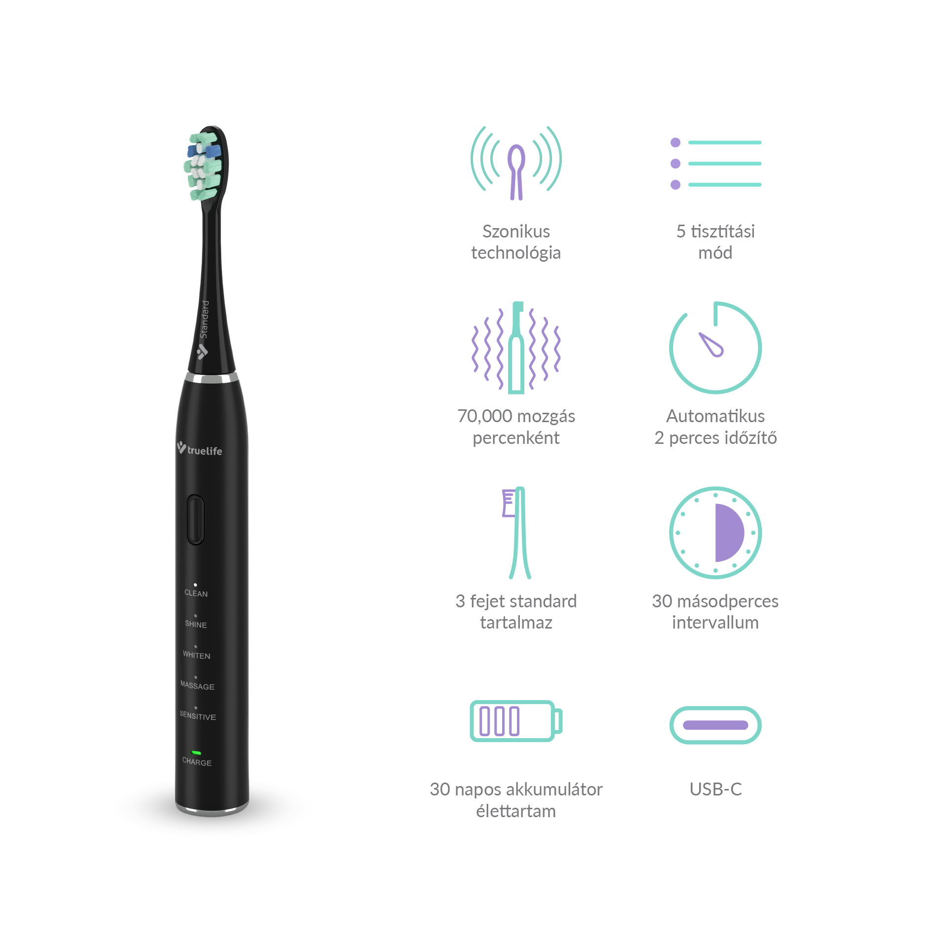 TrueLife SonicBrush Clean30 Black Elektromos fogkefe Fekete