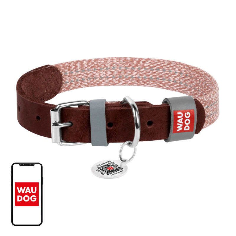 Dog collar made of natural leather and recycled material with QR code Waudog size L, width 25 mm, brown Dog collar made of natural leather and recycled material with QR code Waudog size L, width 25 mm, brown