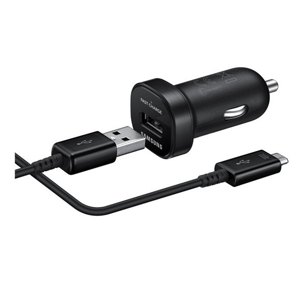 SAMSUNG autós töltő USB aljzat (5V/2000mA, gyorstöltés támogatás + EP-DN925UBE microUSB kábel) FEKETE (EP-LN930BBE)