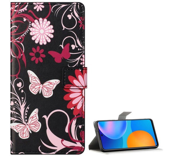 Tok álló, bőr hatású (FLIP, oldalra nyíló, asztali tartó funkció, pillangó, virág minta) FEKETE [Samsung Galaxy S21 Plus (SM-G996) 5G]
