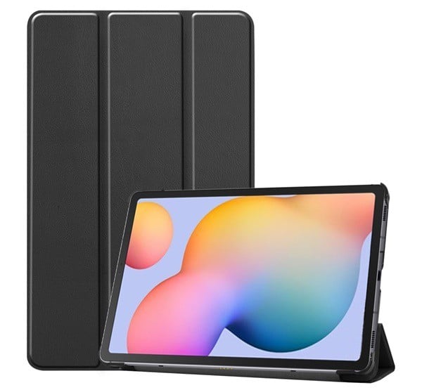 Tok álló, bőr hatású (FLIP, oldalra nyíló, TRIFOLD asztali tartó funkció) FEKETE [Samsung Galaxy Tab S6 Lite 10.4 LTE (SM-P619) 2022]