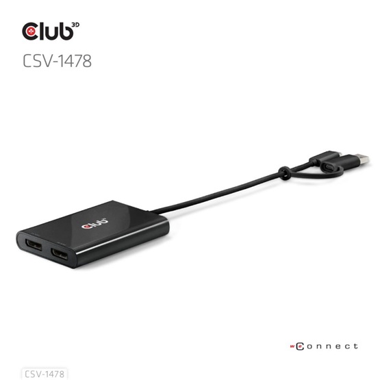 ADA Club3D USB Type-C (with USB Type-A adapter) to dual DisplayPort™(4K60Hz) Video Splitter ADA Club3D USB Type-C (with USB Type-A adapter) to dual DisplayPort™(4K60Hz) Video Splitter