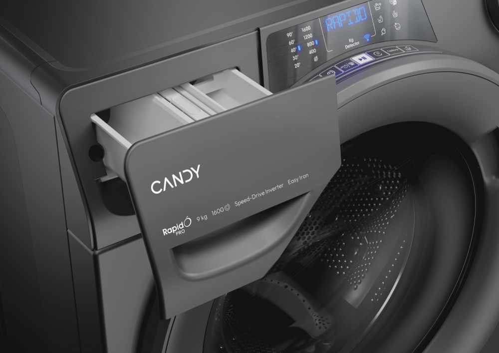 Candy RP 696BWMRR/1-S Elöltöltős mosógép – 9 kg, 1600 ford./perc, A Energiaosztály, Wi-Fi + BLE, Steam Hygiene Plus, Speed-Drive Inverter, Antracit