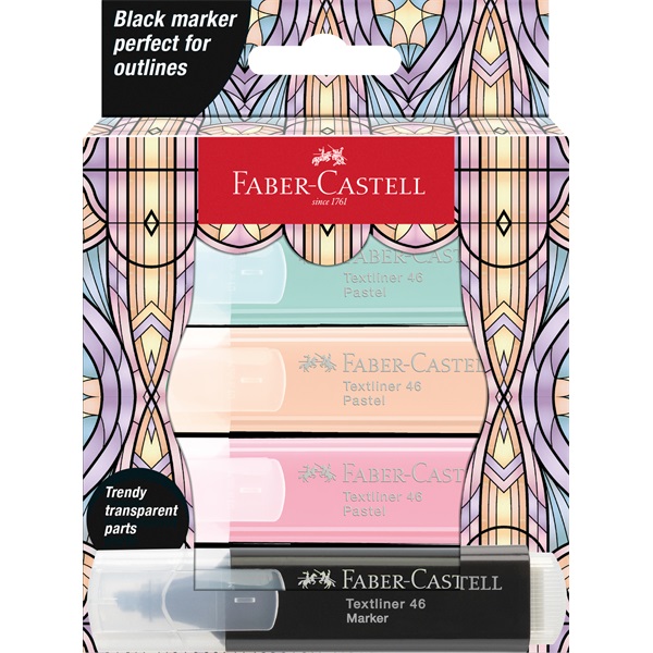 Faber-Castell Glassy 4 db-os pasztell+fekete szövegkiemelő készlet