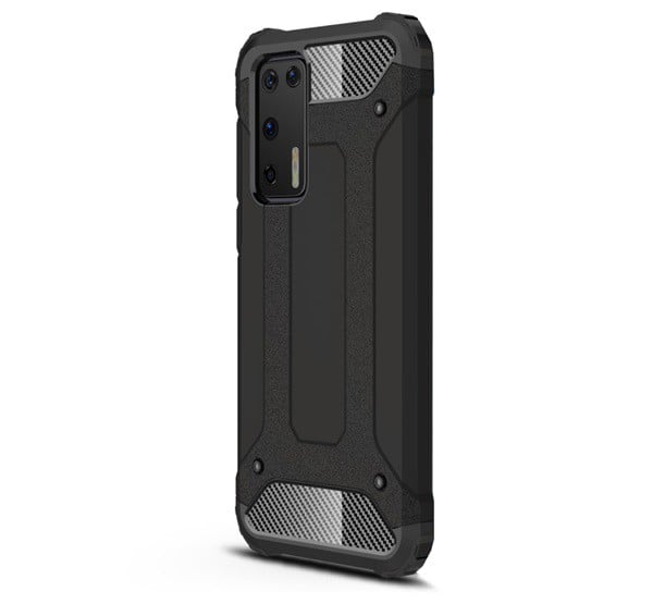 Defender műanyag telefonvédő (közepesen ütésálló, légpárnás sarok, szilikon belső, fémhatás) FEKETE [Huawei P40]
