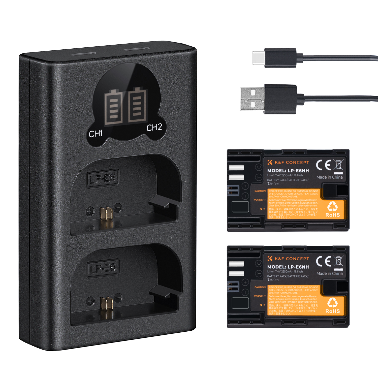 K&F Concept hordozható dupla USB-C akkumulátor LC-E6 töltő + 2db LP-E6NH akkumulátor 2250mAh