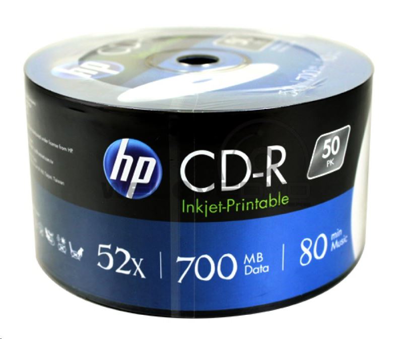 HP 80'/700MB 52x nyomtatható CD lemez zsugorhengeres 50db/henger HP 80'/700MB 52x nyomtatható CD lemez zsugorhengeres 50db/henger