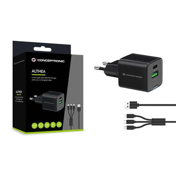 Conceptronic   ALTHEA16B  USB-C+USB-A  33W   telefon töltő adapter+3in1kábel Fekete