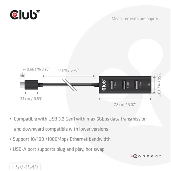  Club3D USB Type-C 3.2 Gen1 to 3 Ports USB Type-A with Gigabit Ethernet